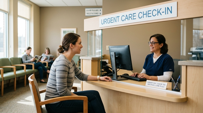 Patient checking in at an urgent care front desk with a friendly staff member — illustrating same-day evaluation