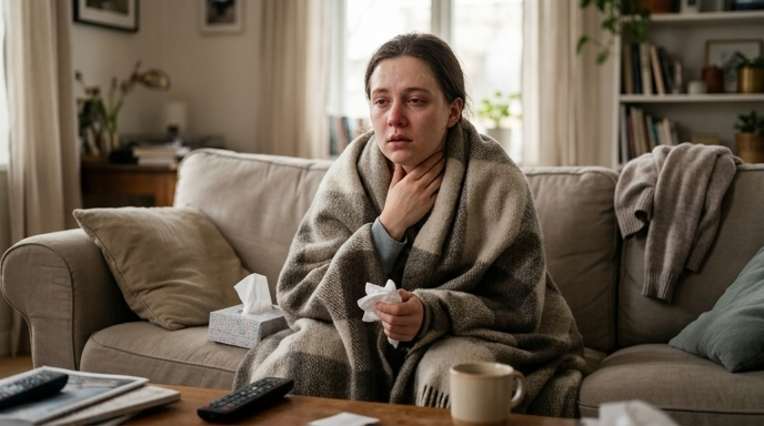 Woman wrapped in a blanket on her couch, holding tissues and touching her throat — illustrating flu symptoms at home